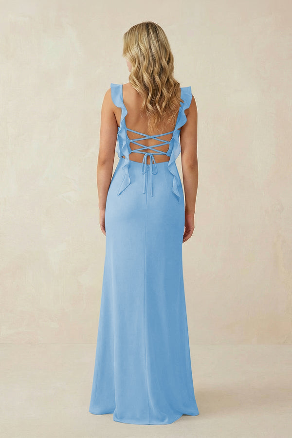 Ruffled Sleeve Ruched Sheath Chiffon Bridesmaid Dress in Steel Blue - KissProm BRIDESMAID DRESSES