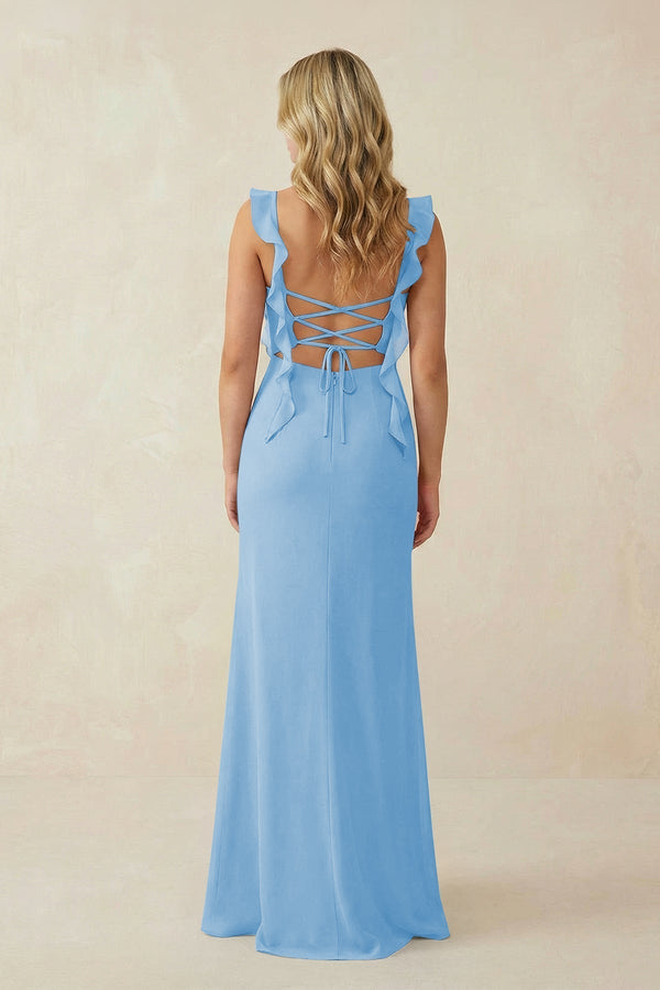 Ruffled Sleeve Ruched Sheath Chiffon Bridesmaid Dress in Steel Blue - KissProm BRIDESMAID DRESSES