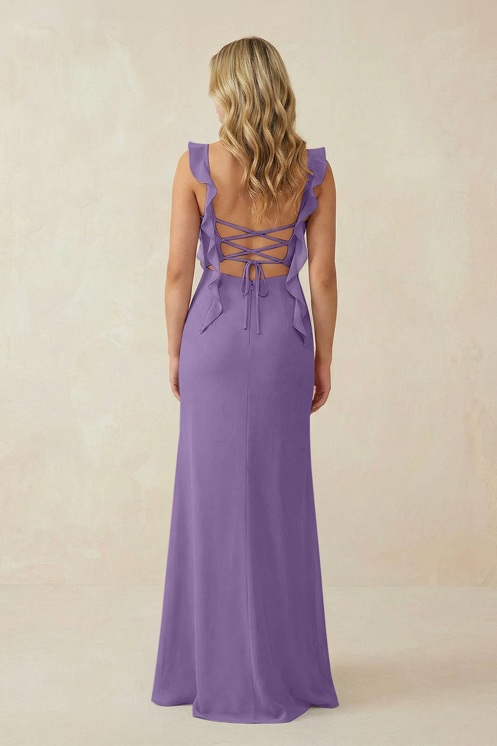 Ruffled Sleeve Ruched Sheath Chiffon Bridesmaid Dress in Tahiti - KissProm BRIDESMAID DRESSES