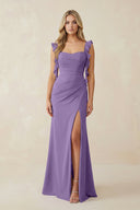 Ruffled Sleeve Ruched Sheath Chiffon Bridesmaid Dress in Tahiti - KissProm BRIDESMAID DRESSES