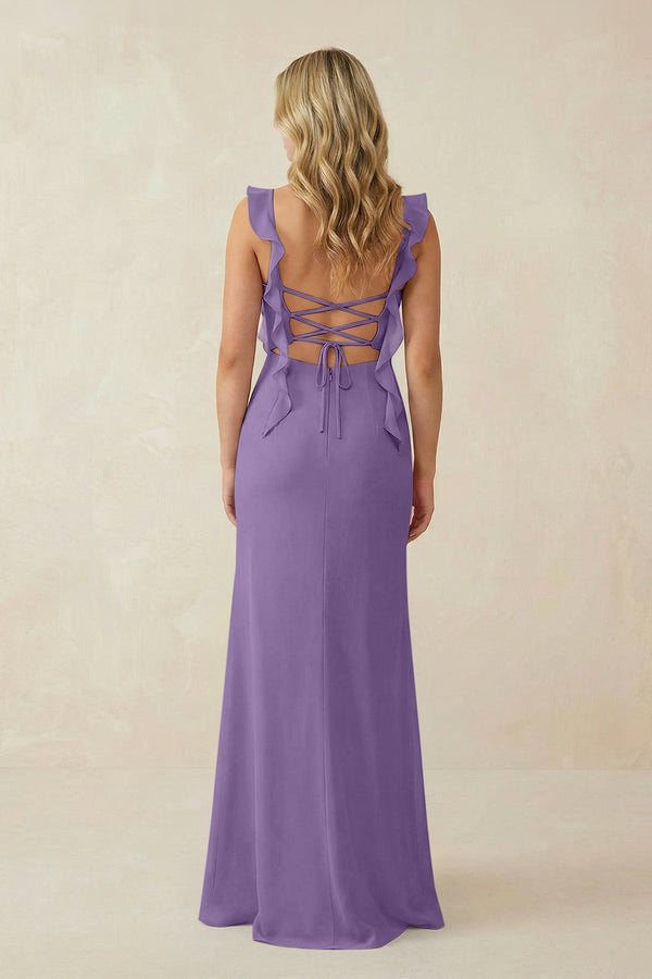 Ruffled Sleeve Ruched Sheath Chiffon Bridesmaid Dress in Tahiti - KissProm BRIDESMAID DRESSES