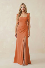 Ruffled Sleeve Ruched Sheath Chiffon Bridesmaid Dress in Terracotta - KissProm BRIDESMAID DRESSES