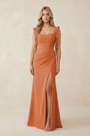 Ruffled Sleeve Ruched Sheath Chiffon Bridesmaid Dress in Terracotta - KissProm BRIDESMAID DRESSES
