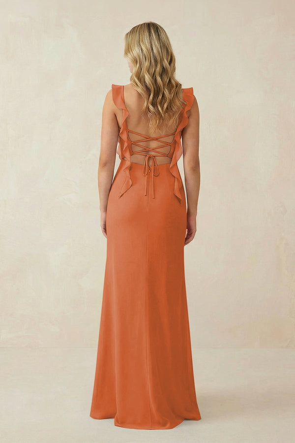 Ruffled Sleeve Ruched Sheath Chiffon Bridesmaid Dress in Terracotta - KissProm BRIDESMAID DRESSES