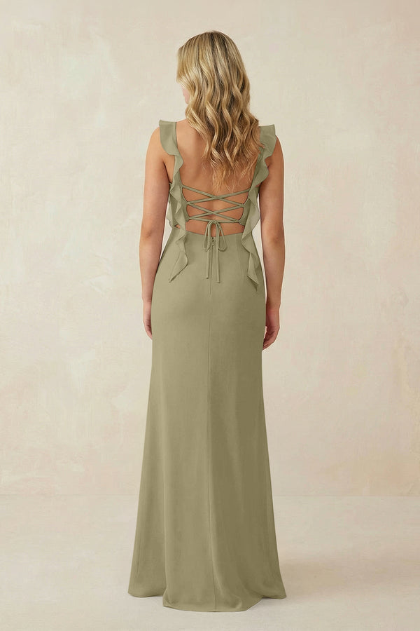 Ruffled Sleeve Ruched Sheath Chiffon Bridesmaid Dress in Thyme - KissProm BRIDESMAID DRESSES