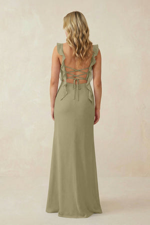 Ruffled Sleeve Ruched Sheath Chiffon Bridesmaid Dress in Thyme - KissProm BRIDESMAID DRESSES