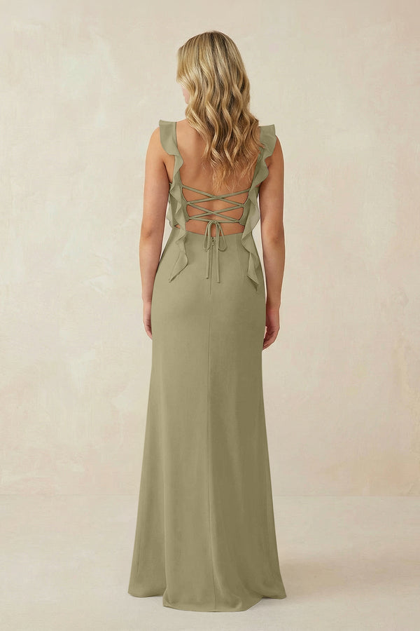 Ruffled Sleeve Ruched Sheath Chiffon Bridesmaid Dress in Thyme - KissProm BRIDESMAID DRESSES