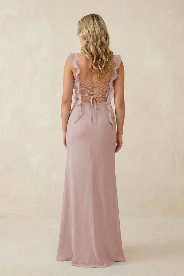 Ruffled Sleeve Ruched Sheath Chiffon Bridesmaid Dress in Toffee - KissProm BRIDESMAID DRESSES