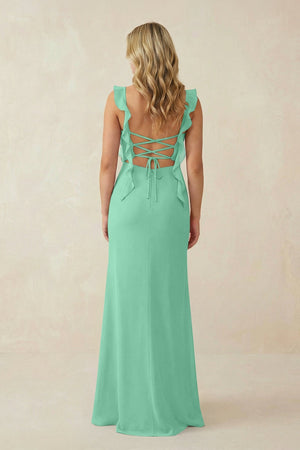 Ruffled Sleeve Ruched Sheath Chiffon Bridesmaid Dress in Turquoise - KissProm BRIDESMAID DRESSES