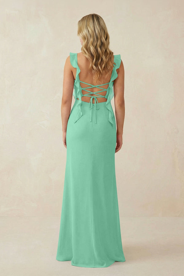Ruffled Sleeve Ruched Sheath Chiffon Bridesmaid Dress in Turquoise - KissProm BRIDESMAID DRESSES
