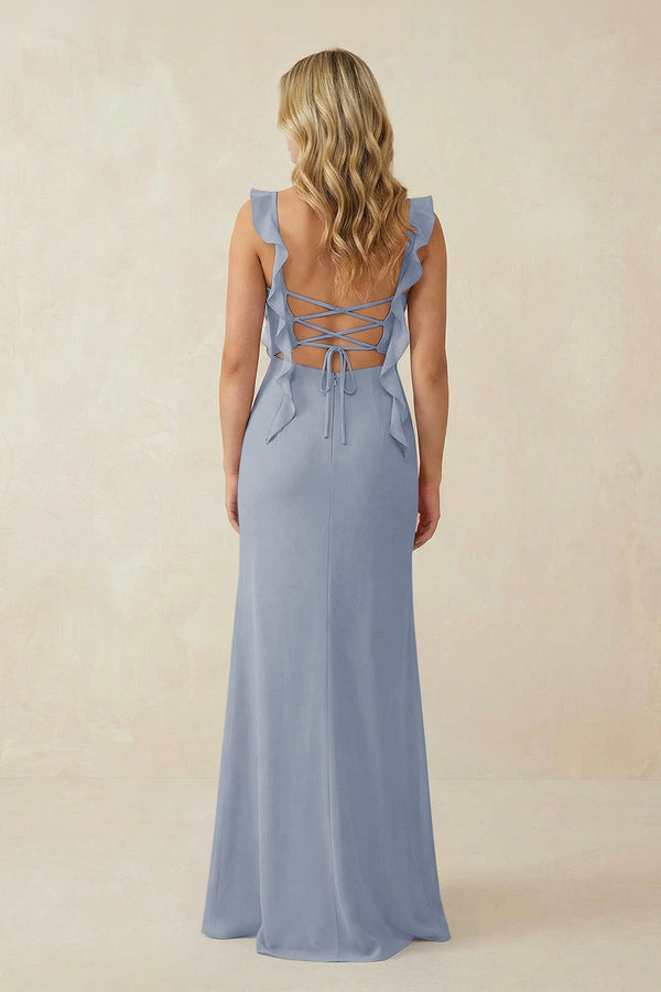 Ruffled Sleeve Ruched Sheath Chiffon Bridesmaid Dress in Twilight - KissProm BRIDESMAID DRESSES