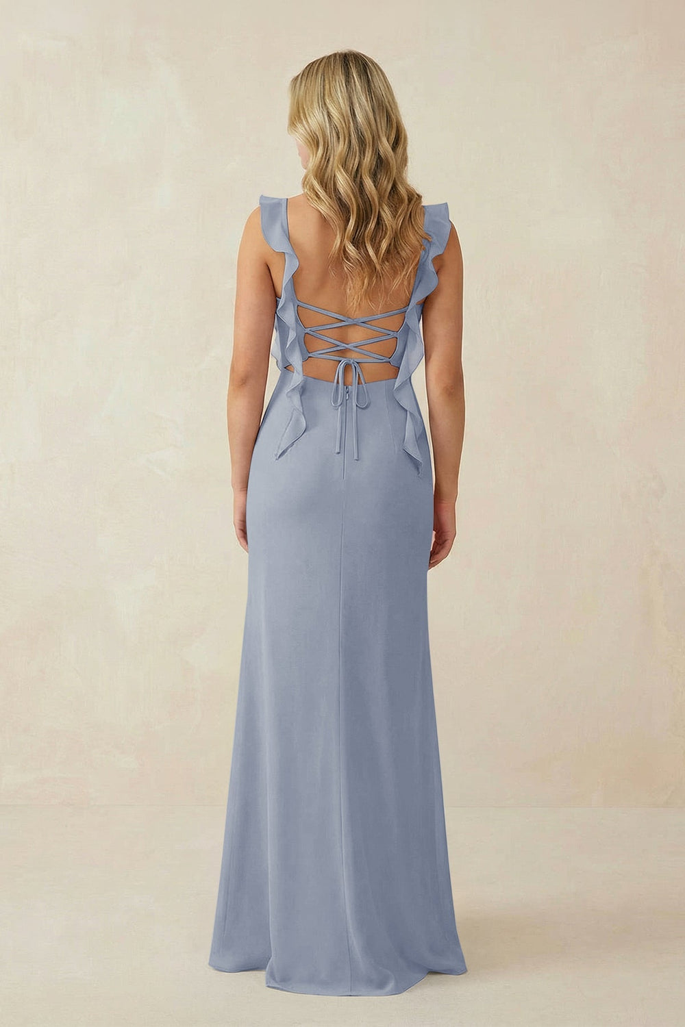 Ruffled Sleeve Ruched Sheath Chiffon Bridesmaid Dress in Twilight - KissProm BRIDESMAID DRESSES