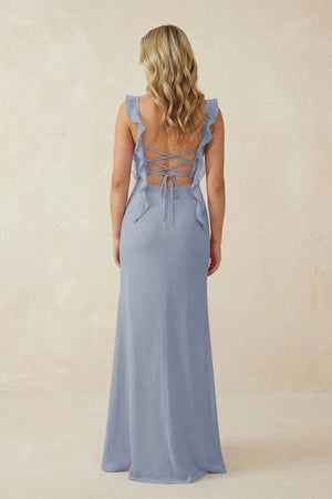 Ruffled Sleeve Ruched Sheath Chiffon Bridesmaid Dress in Twilight - KissProm BRIDESMAID DRESSES