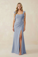 Ruffled Sleeve Ruched Sheath Chiffon Bridesmaid Dress in Twilight - KissProm BRIDESMAID DRESSES