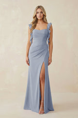 Ruffled Sleeve Ruched Sheath Chiffon Bridesmaid Dress in Twilight - KissProm BRIDESMAID DRESSES