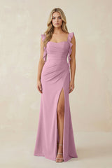 Ruffled Sleeve Ruched Sheath Chiffon Bridesmaid Dress in Vintage Mauve - KissProm BRIDESMAID DRESSES