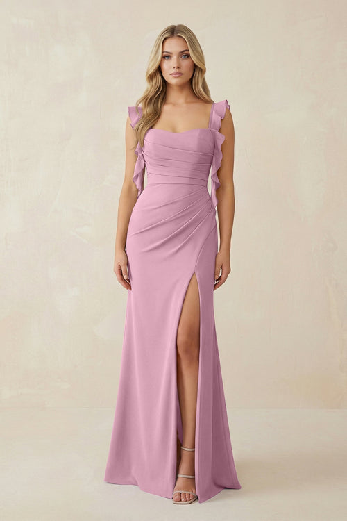 Ruffled Sleeve Ruched Sheath Chiffon Bridesmaid Dress in Vintage Mauve - KissProm BRIDESMAID DRESSES
