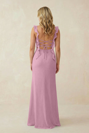 Ruffled Sleeve Ruched Sheath Chiffon Bridesmaid Dress in Vintage Mauve - KissProm BRIDESMAID DRESSES