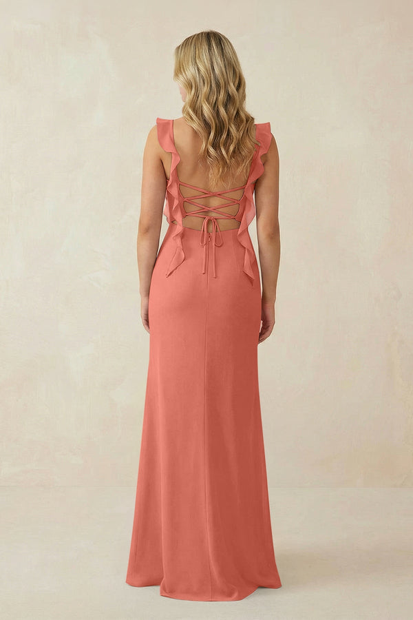 Ruffled Sleeve Ruched Sheath Chiffon Bridesmaid Dress in Wild Rose - KissProm BRIDESMAID DRESSES
