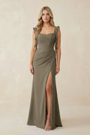 Ruffled Sleeve Ruched Sheath Chiffon Bridesmaid Dress in Willow Green - KissProm BRIDESMAID DRESSES