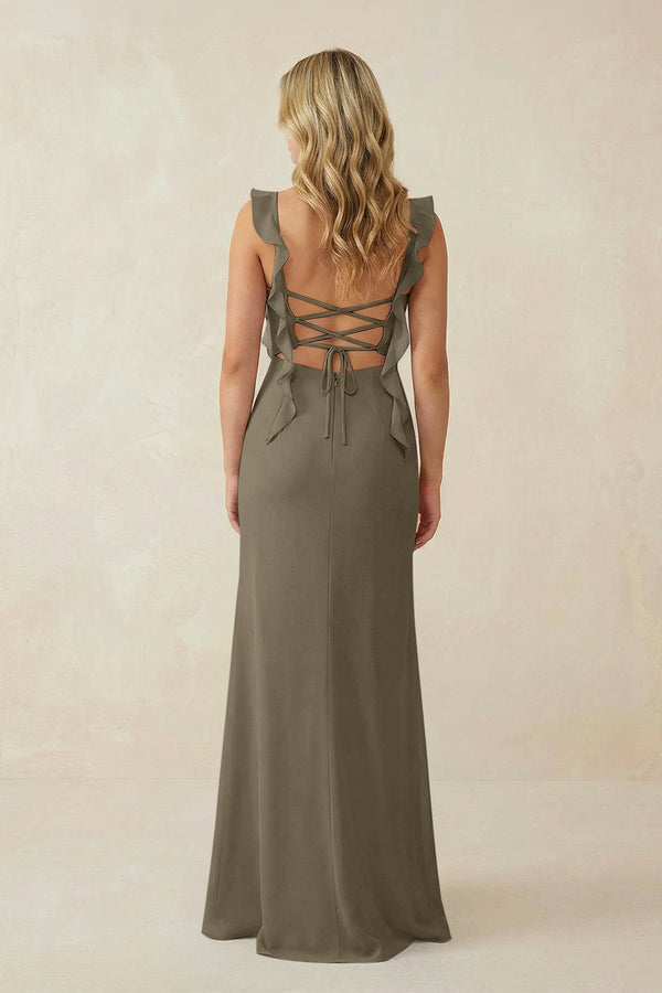 Ruffled Sleeve Ruched Sheath Chiffon Bridesmaid Dress in Willow Green - KissProm BRIDESMAID DRESSES