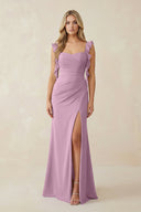 Ruffled Sleeve Ruched Sheath Chiffon Bridesmaid Dress in Wisteria - KissProm BRIDESMAID DRESSES