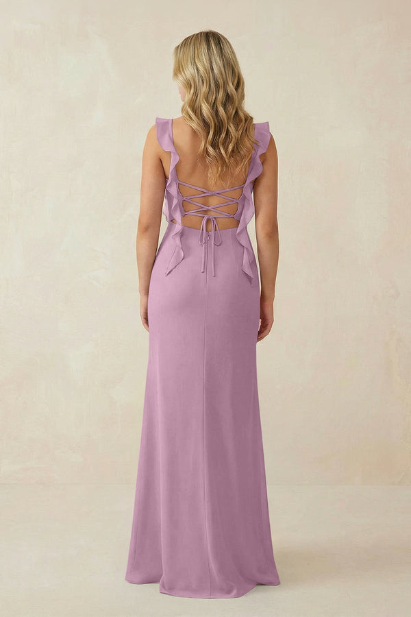 Ruffled Sleeve Ruched Sheath Chiffon Bridesmaid Dress in Wisteria - KissProm BRIDESMAID DRESSES