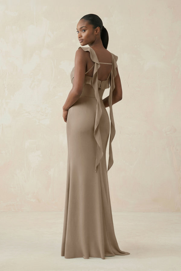 Ruffled Sleeve Sheath Satin Bridesmaid Dress in Almond - KissProm Bridesmaid Dresses