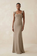 Ruffled Sleeve Sheath Satin Bridesmaid Dress in Almond - KissProm Bridesmaid Dresses