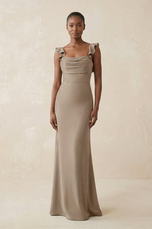 Ruffled Sleeve Sheath Satin Bridesmaid Dress in Almond - KissProm Bridesmaid Dresses