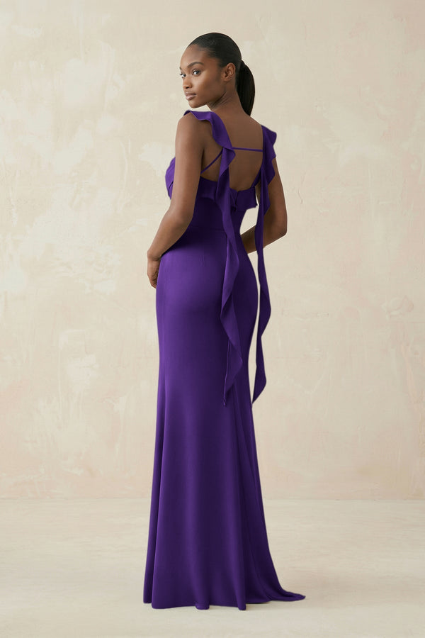 Ruffled Sleeve Sheath Satin Bridesmaid Dress in Amethyst - KissProm Bridesmaid Dresses