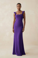 Ruffled Sleeve Sheath Satin Bridesmaid Dress in Amethyst - KissProm Bridesmaid Dresses