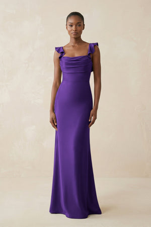 Ruffled Sleeve Sheath Satin Bridesmaid Dress in Amethyst - KissProm Bridesmaid Dresses