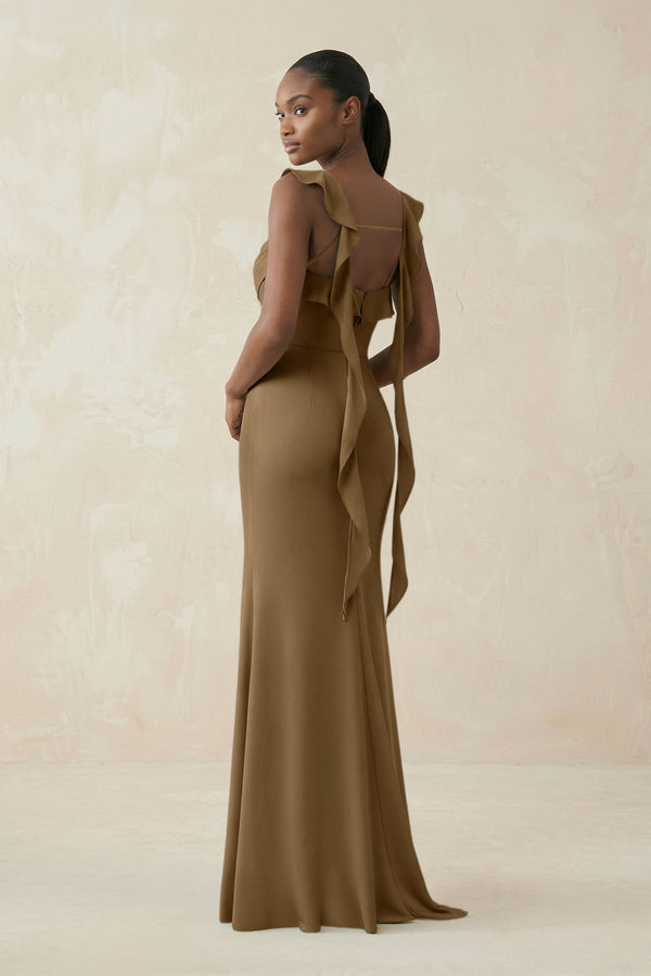 Ruffled Sleeve Sheath Satin Bridesmaid Dress in Apple Cinnamon - KissProm Bridesmaid Dresses