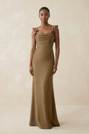 Ruffled Sleeve Sheath Satin Bridesmaid Dress in Apple Cinnamon - KissProm Bridesmaid Dresses