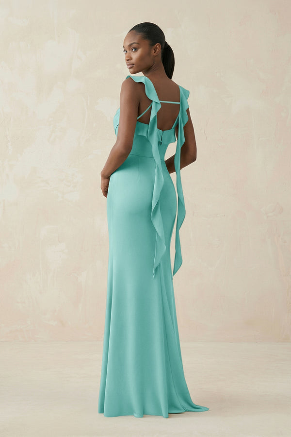 Ruffled Sleeve Sheath Satin Bridesmaid Dress in Aqua - KissProm Bridesmaid Dresses
