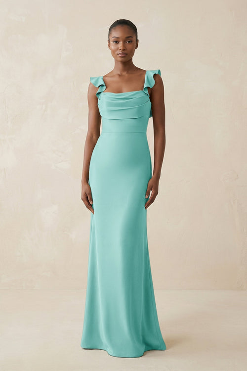 Ruffled Sleeve Sheath Satin Bridesmaid Dress in Aqua - KissProm Bridesmaid Dresses