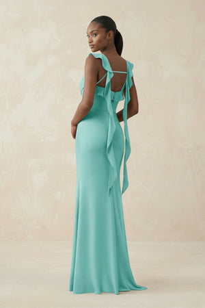 Ruffled Sleeve Sheath Satin Bridesmaid Dress in Aqua - KissProm Bridesmaid Dresses