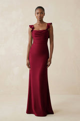 Ruffled Sleeve Sheath Satin Bridesmaid Dress in Berry - KissProm Bridesmaid Dresses