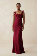 Ruffled Sleeve Sheath Satin Bridesmaid Dress in Berry - KissProm Bridesmaid Dresses