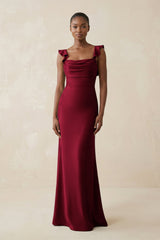 Ruffled Sleeve Sheath Satin Bridesmaid Dress in Berry - KissProm Bridesmaid Dresses