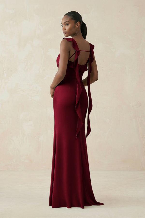 Ruffled Sleeve Sheath Satin Bridesmaid Dress in Berry - KissProm Bridesmaid Dresses