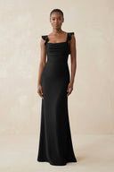 Ruffled Sleeve Sheath Satin Bridesmaid Dress in Black - KissProm Bridesmaid Dresses