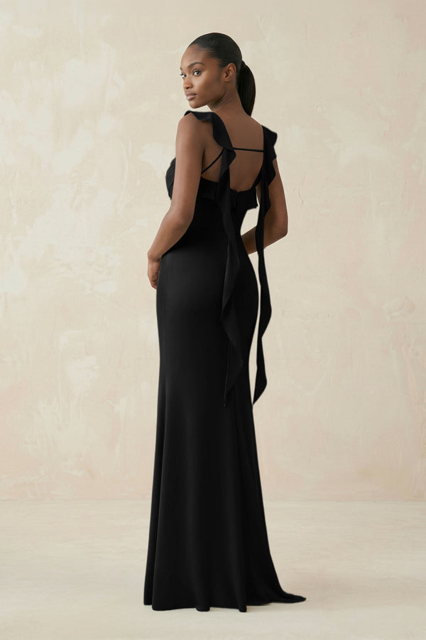 Ruffled Sleeve Sheath Satin Bridesmaid Dress in Black - KissProm Bridesmaid Dresses