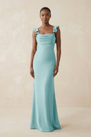Ruffled Sleeve Sheath Satin Bridesmaid Dress in Bleached Aqua - KissProm Bridesmaid Dresses
