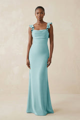 Ruffled Sleeve Sheath Satin Bridesmaid Dress in Bleached Aqua - KissProm Bridesmaid Dresses