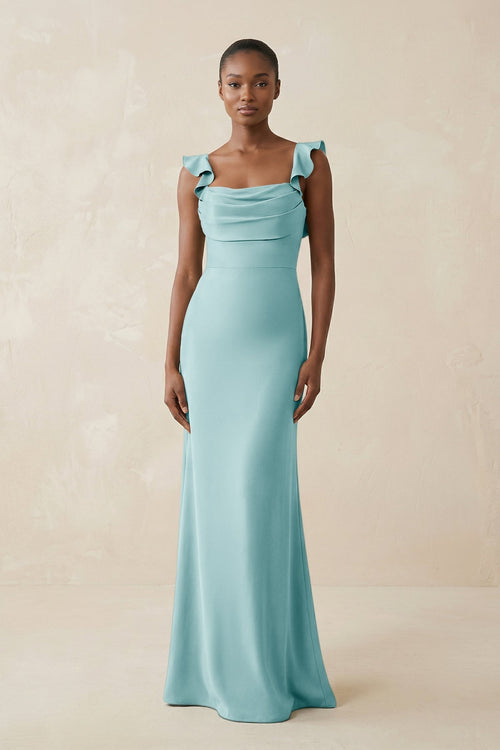Ruffled Sleeve Sheath Satin Bridesmaid Dress in Bleached Aqua - KissProm Bridesmaid Dresses