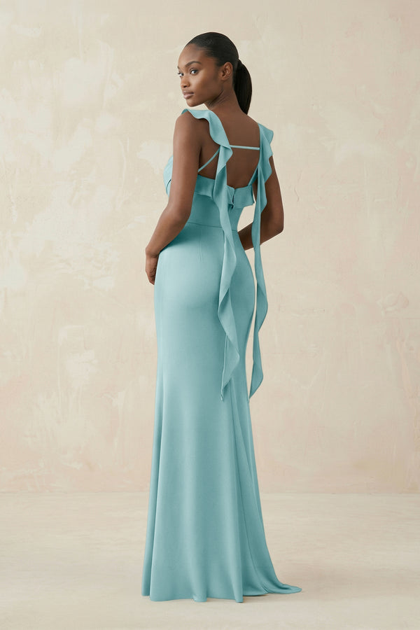 Ruffled Sleeve Sheath Satin Bridesmaid Dress in Bleached Aqua - KissProm Bridesmaid Dresses