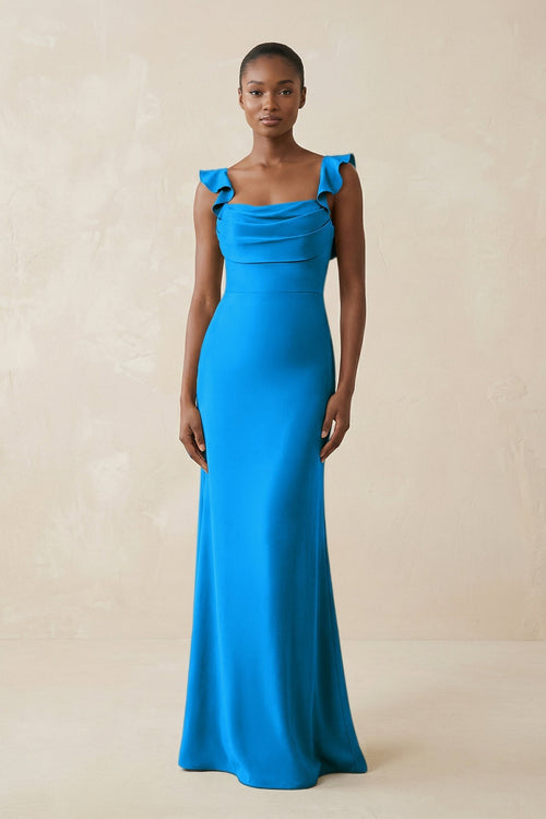 Ruffled Sleeve Sheath Satin Bridesmaid Dress in Blue Jay - KissProm Bridesmaid Dresses