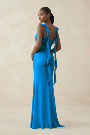 Ruffled Sleeve Sheath Satin Bridesmaid Dress in Blue Jay - KissProm Bridesmaid Dresses